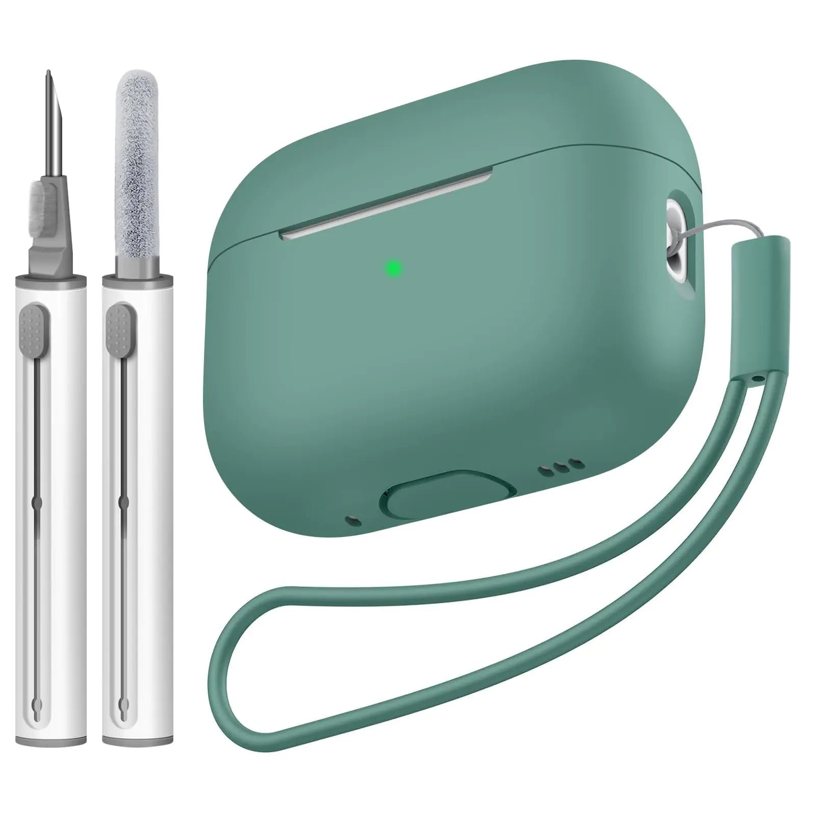 Funda Compatible con Airpods Pro 2 Tandoler de Silicona Suave Protectora con Kit de Limpieza y Cordón, Visibilidad del LED Frontal - Verde Pino